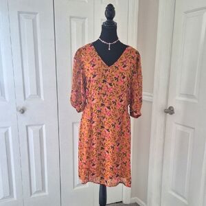 Vero Moda Orange Floral print Puff Sleeve Dress - L